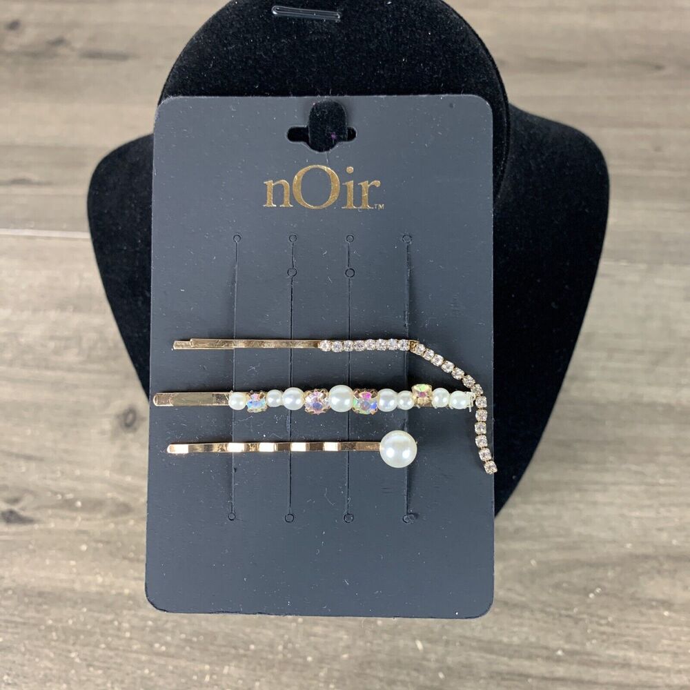 Noir Gold Pearl Beaded Set Of 3 Bobby Hair Pins Accessory Rhinestone